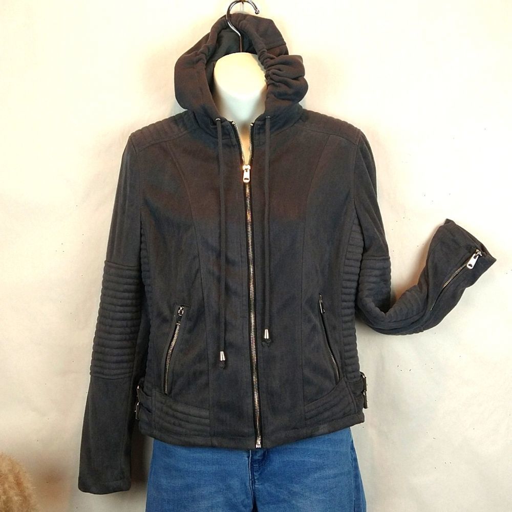 YMI charcoal gray faux suede moto jacket with hoodie